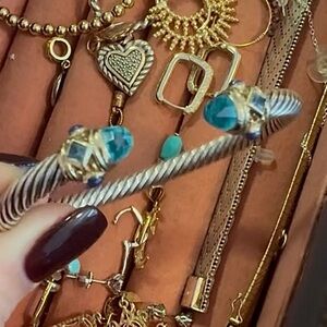 David Yurman Renaissance 925 Sterling Silver & 18k Gold Cuff Bracelet Blue Topaz